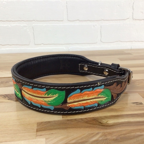 Mad Cow genuine leather jewelry dog collar handmade black green orange design - Picture 4 of 11